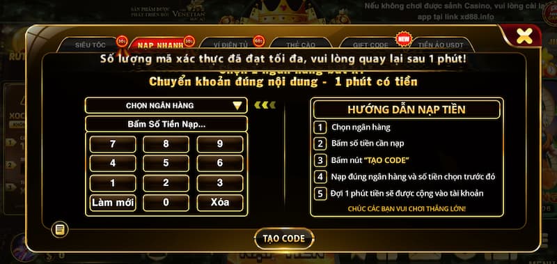 Thủ tục nạp tiền Xocdia88 